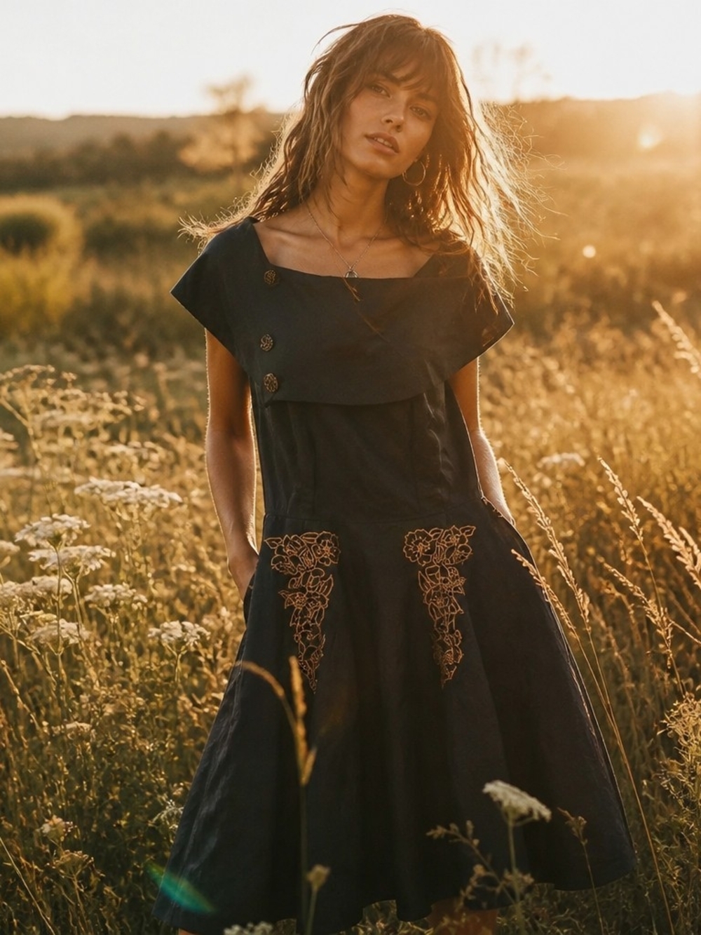 eshakti Black Fit-and-Flare Dress with Gold Floral Embroidery